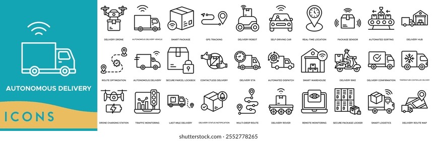 Autonome Lieferung Symbol. Lieferdrohne, Autonome Lieferfahrzeug, Smart Package, GPS Tracking und Delivery Robot