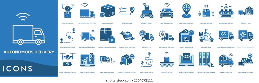 Autonomous Delivery icon. Delivery Drone, Autonomous Delivery Vehicle, Smart Package, GPS Tracking and Delivery Robot