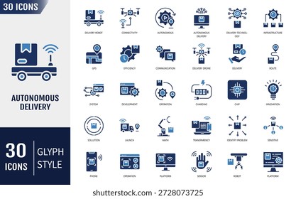 Conjunto de iconos de entrega autónoma. Contiene drone, robot, aire, logística, paquete, navegación y más. Ilustración vectorial