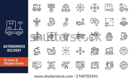 Autonomous delivery icon set. Icons related to robot, ai, logistic, drone, technology, package and more. Outline icon with Editable stroke. Vector illustration