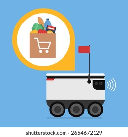Autonomous delivery robot delivering groceries in a bag, home delivery and robotics concept isolated
