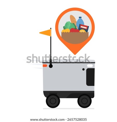 Autonomous delivery robot delivering groceries in a bag, home delivery and robotics concept isolated