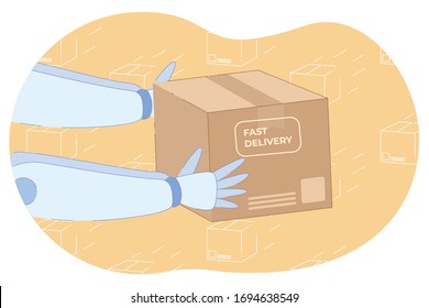 Caja de retención autónoma de robots de entrega con ilustración de vectores planos de caricatura de pedido. Envío Tecnológico, Concepto de Innovación. Correo con Inteligencia Artificial en Servicio de Entrega.
