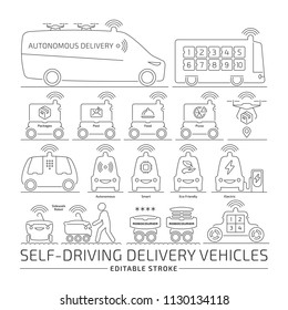 Autonomous Delivery Robot Vehicle Editable Stroke Line Icon Set. Future Driverless Van And Truck Car Editing Outline Pictogram.