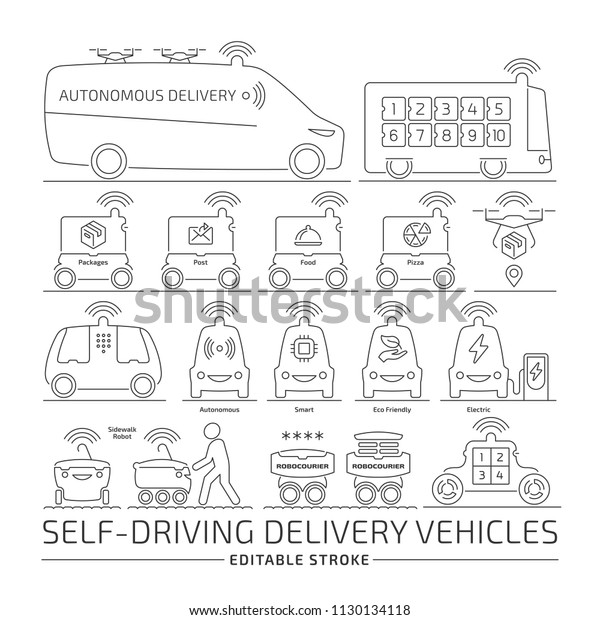 Autonomous delivery robot vehicle editable\
stroke line icon set. Future driverless van and truck car editing\
outline pictogram.