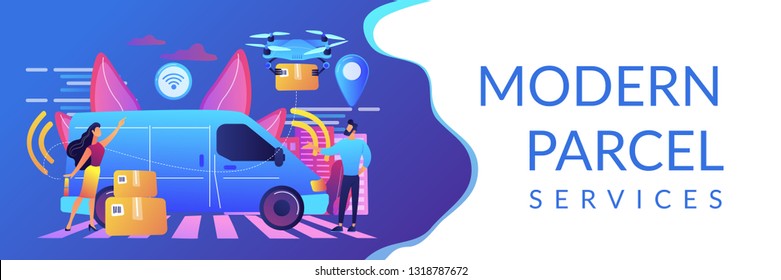 Autonomous delivery van with sensors and drone delivering parcel. Autonomous courier, driverless delivery service, modern parcel services concept. Header or footer banner template with copy space.