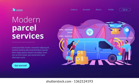 Autonomous delivery van with sensors and drone delivering parcel. Autonomous courier, driverless delivery service, modern parcel services concept. Website vibrant violet landing web page template.