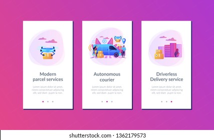 Autonomous delivery van with sensors and drone delivering parcel. Autonomous courier, driverless delivery service, modern parcel services concept. Mobile UI UX GUI template, app interface wireframe