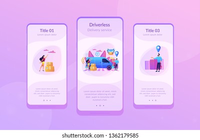 Autonomous delivery van with sensors and drone delivering parcel. Autonomous courier, driverless delivery service, modern parcel services concept. Mobile UI UX GUI template, app interface wireframe