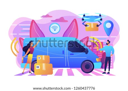 Autonomous delivery van with sensors and drone delivering parcel. Autonomous courier, driverless delivery service, modern parcel services concept. Bright vibrant violet vector isolated illustration