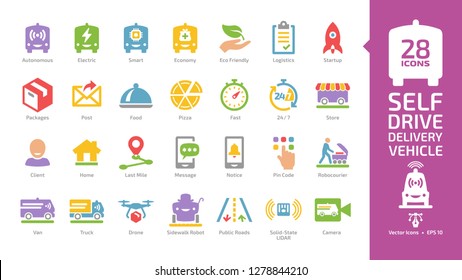 Autonomous delivery vehicle color glyph icon set with self drive van car, drone and driverless truck for packages and food transportation colorful sign.