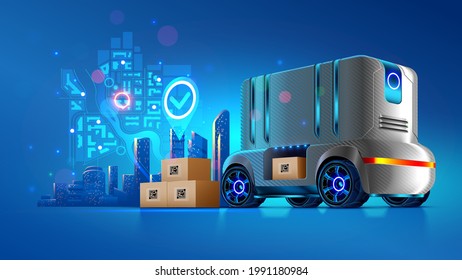 Autonomous delivery vehicle of future. Service transportation of cargo shipping to the buyer. Robotic self-driving lorry. Futuristic logistic concept. Innovation automotive driverless technology.