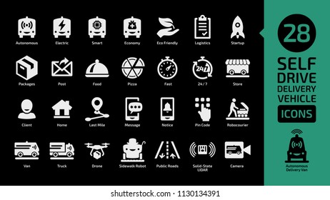 Autonomous delivery vehicle shape icon set on a black background. Self drive van car, drone, robocourier and truck pictogram.