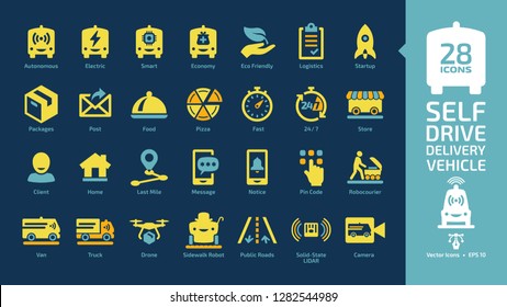 Autonomous delivery vehicle yellow glyph icon set on a dark blue background with self drive van car, drone and driverless truck for packages and food transportation symbols.