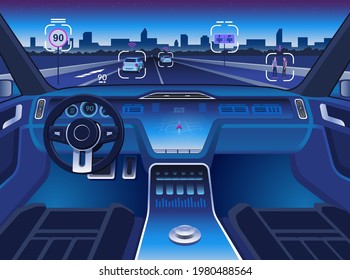 Autonomous driverless car interior with digital dashboard, HUD display and intelligent autopilot sensor system. View of a night city and road from futuristic unmanned smart vehicle. Navigation concept