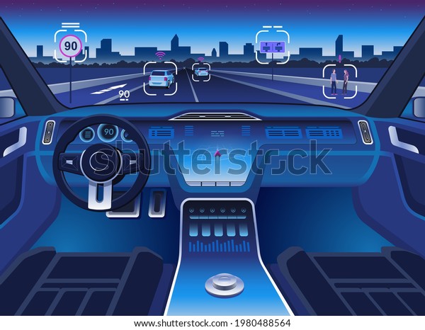 Autonomous driverless car interior with digital\
dashboard, HUD display and intelligent autopilot sensor system.\
View of a night city and road from futuristic unmanned smart\
vehicle. Navigation\
concept