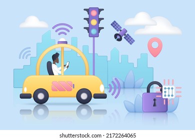 Autonomous driverless car with sensors on city road. Automatic vehicle with digital selfdriving system, passenger in autopilot automobile 3d vector illustration. Future technology, IOT concept