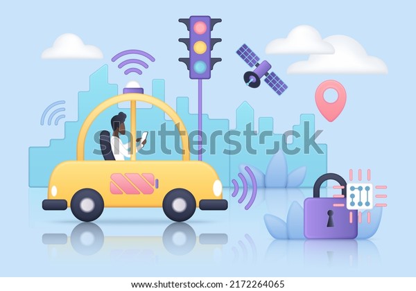 Autonomous driverless car with sensors on city
road. Automatic vehicle with digital selfdriving system, passenger
in autopilot automobile 3d vector illustration. Future technology,
IOT concept