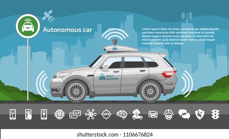 Autonomous Driverless Car Vector Illustration. Self Drive Smart Sensor Safety Automated Vehicle With Icons And City Background.