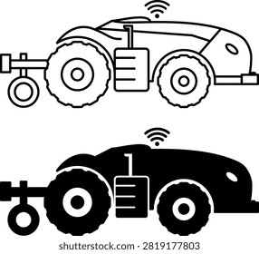 Autonomous Driverless Tractor Icons. Line and Glyph Vector Illustrations. Modern Driverless Agricultural Machine. For Precise Field Work, the Tractor Uses Satellite Navigation and Smart Sensors. Agrotechnology and Smart Farming Concept