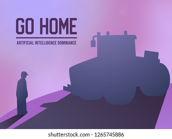 Autonomous driverless tractor and sad driver. Future farming vehicle design. Vector silhouettes with vivid gradients