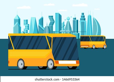 Autonomous driverless unmanned transportation yellow bus vehicle on future city street. Smart cityscape urban transport vector illustration