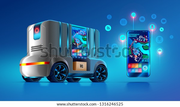 Autonomous driverless van delivers and ships\
parcels in specified location on map city. Smartphone app displays\
order information, gps point of self-driving lorry. Future delivery\
service concept.