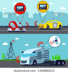 Autonomous driverless vehicles on road 2 flat horizontal banners with gps controlled truck and cars vector illustration  
