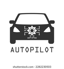 Autonomous driving car sign. Self drive icon. AI pilot automobile. Automated Robot driver vehicle. Black and white color vector illustration.