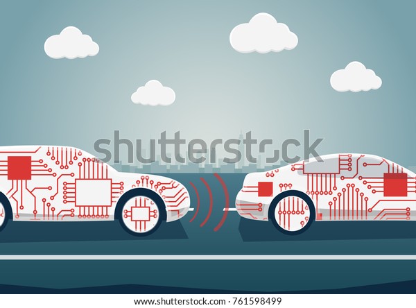 Autonomous driving concept as example for\
digitalisation of automotive industry. Vector illustration of\
connected cars communicating with each\
other