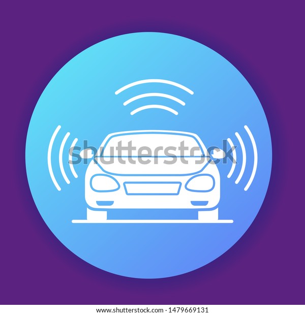 Autonomous driving smart car icon. Gps signal around.\
Flat illustration vector.Website banner concept.Vehicle front view.\
