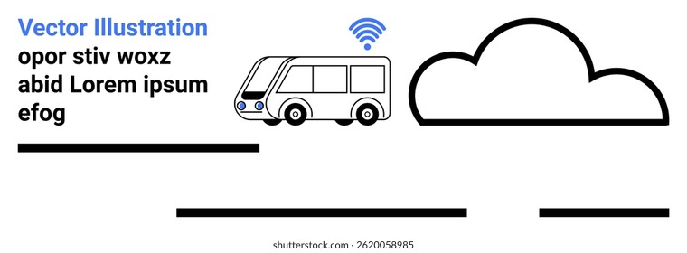 Autonomous electric bus with blue wireless signal driving toward a cloud. Ideal for tech articles, smart city applications, e-transport presentations, automated transport, future mobility concepts