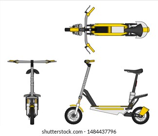 Autonomous electric scooter vehicles of the futuristic, with realistic style, outline style. Top, side and front views with a white background. The concept of a futuristic scooter assistant vector.