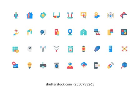 Dispositivo eletrônico autônomo e equipamento sem fio da casa inteligente, conjunto de ícones de cores IoT. Controle e acesso, gerenciamento de gadget moderno com sensor, robô e drone ilustração vetor de elementos planos