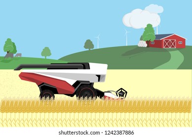 Autonomous harvester on the field. Vector illustration