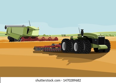 Autonomous harvesters and tractor on a smart farm. Digital transformation in agriculture. Vector illustration