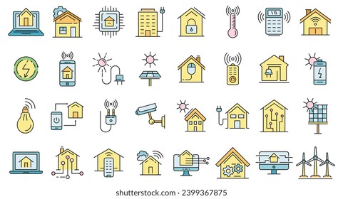 Autonomous house icons set. Outline set of autonomous house vector icons thin line color flat on white