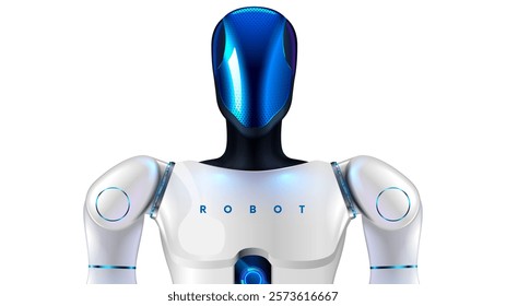 Autonomous humanoid robot with AI. Humanoid robotics technology. Humanoid robot with AI or artificial intelligence. Robot Head in glass mask with actuator hands. Anthropomorphic robotics helper.