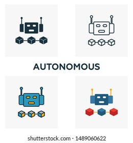 Autonomous icon set. Four elements in diferent styles from blockchain icons collection. Creative autonomous icons filled, outline, colored and flat symbols.