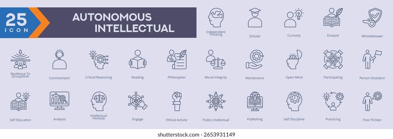 Autonomous Intellectual icons collection vector images in outline style.
containing several independent thinking, scholar, curiosity, essayist, whistleblower.
for Web and Application icons.