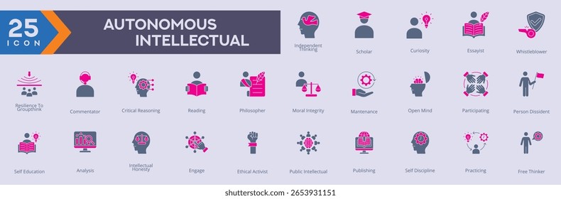 Autonomous Intellectual icons collection vector images in duotone style
containing several independent thinking, scholar, curiosity, essayist, whistleblower.
for Web and Application icons.