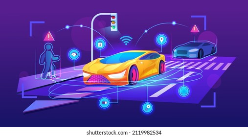 Autonomous and intelligent systems in futuristic smart cars and vehicles. Vector contemporary automobiles with applications for safety, driverless auto on road. Future city and traffic, illustration