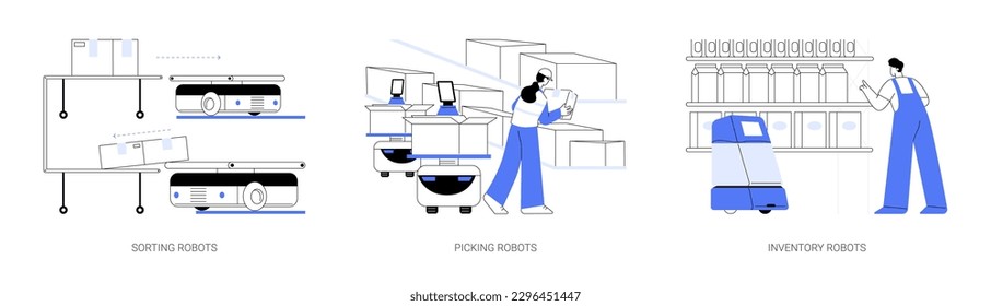 Autonomous mobile robots abstract concept vector illustration set. Sorting and picking robots, inventory technology in retail store, unit load, wholesale and warehousing business abstract metaphor.