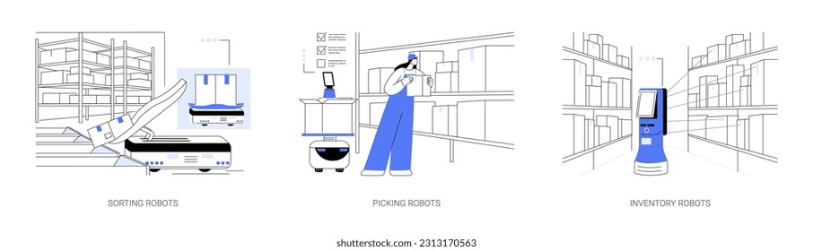 Autonomous mobile robots abstract concept vector illustration set. Automated mobile parcel sorting, smart warehouse, picking cobot, robotic goods scanning, inventory management abstract metaphor.