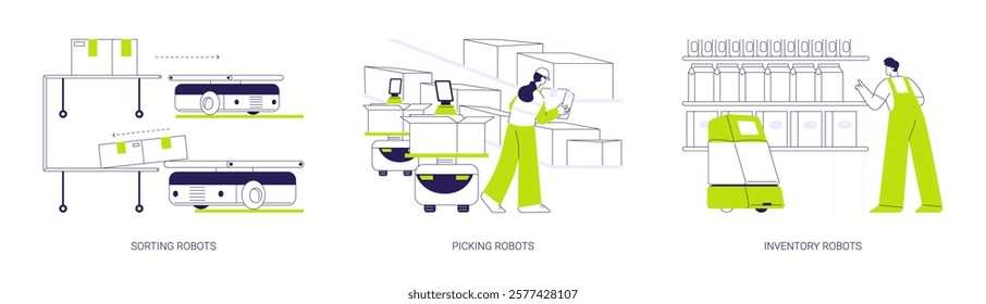 Autonomous mobile robots abstract concept vector illustration set. Sorting and picking robots, inventory technology in retail store, unit load, wholesale and warehousing business abstract metaphor.