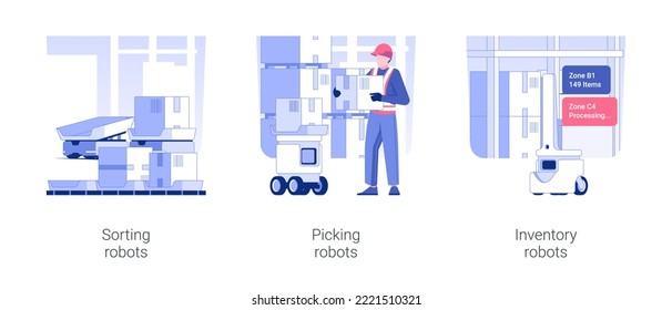 Autonomous mobile robots isolated concept vector illustration set. Sorting and picking robots, inventory technology in retail store, unit load, wholesale and warehousing business vector cartoon.