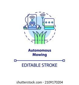 Autonomous mowing concept icon. Robotic equipment in agriculture abstract idea thin line illustration. Isolated outline drawing. Editable stroke. Roboto-Medium, Myriad Pro-Bold fonts used