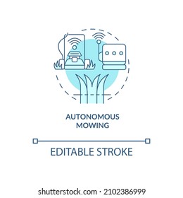 Autonome, türkisfarbene Modemsymbol. Abstrakte Idee zur Dünnzeilenwartung im Rasen. Einzeln Umrisszeichnung. Bearbeitbarer Strich. Verwendung von Roboter-Medium, Myriad Pro-Fett-Schriftarten