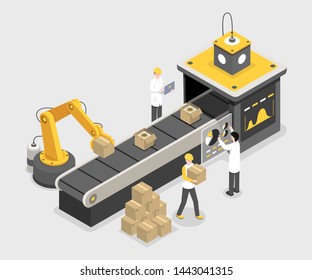 Autonomous packaging process, final assembly stage. Robotic technology stacking boxes with produced merchandise isometric vector illustration. Experts monitoring process, assuring quality 3d concept 