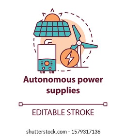 Autonomous power supplies concept icon. Sustainable smart house idea thin line illustration. Producing energy methods. Sun batteries and windmills. Vector isolated outline drawing. Editable stroke